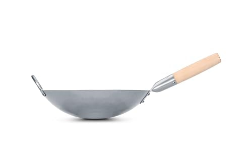 Traditional Hand Hammered Chinese Carbon Steel Wok with Wooden and Steel Helper Handle (12-in)