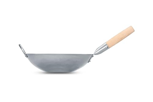 Flat Hand Hammered Carbon Steel Pow Wok with Wooden and Steel Helper Handle (12-inch)