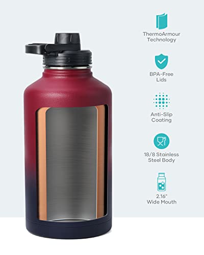 64 oz Water Bottle Insulated with Straw & 3 lid and Carrying Pouch (64 Ounces / Ruby Red Navy)