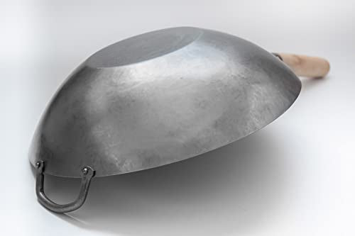 Flat Hand Hammered Carbon Steel Pow Wok with Wooden and Steel Helper Handle (12-inch)