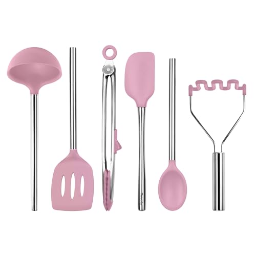 Silicone Cooking Utensil Set of 6 Pink Sorbet Ladle Slotted Turner Tongs Flex Core Spatula Scraper Mixing Spoon and Potato Masher (Pink Sorbet)
