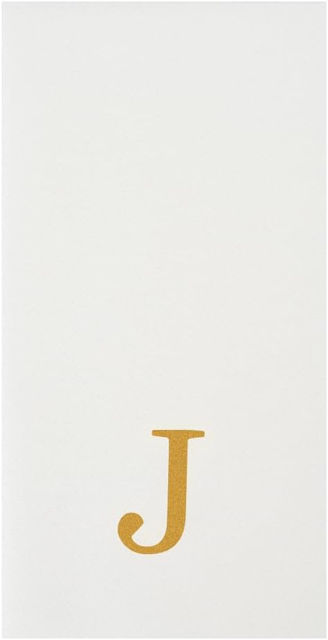Luxenap 15.8 X 7.9 Inch Linen-Feel Guest Towels, 50 Lettered Hand Towels - Gold Letter 'J', Sans Serif Font, White Paper Dinner Napkins, airlaid, For Restrooms And Tables