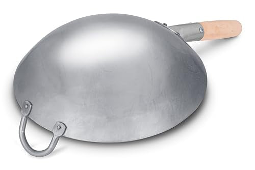 Traditional Hand Hammered Chinese Carbon Steel Wok with Wooden and Steel Helper Handle (12-in)