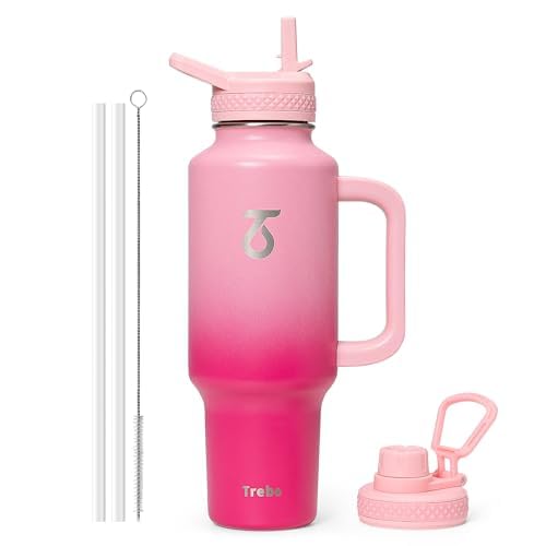 Insulated Water Bottle 40 oz Fits in Car Cup Holder with Side Handle (40 Ounces / Pink)