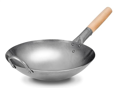 Traditional Hand Hammered Chinese Carbon Steel Wok with Wooden and Steel Helper Handle (12-in)