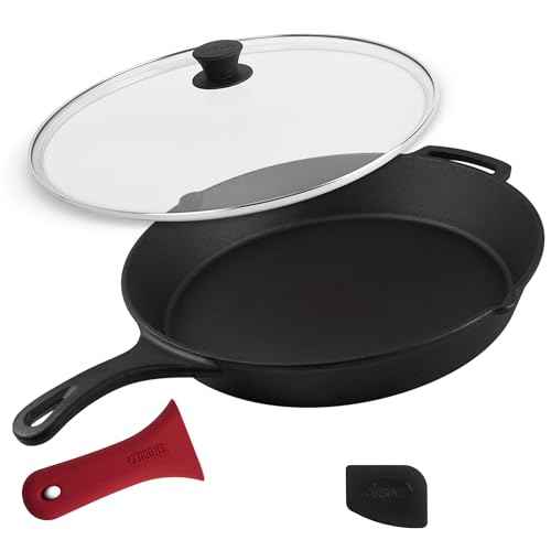 15" Cast Iron Skillet + Glass Lid Cover + Pan Scraper + Heat (15")