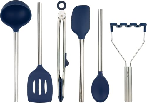 Silicone Cooking Utensil Set of 6 Stainless Steel Handle Ladle Slotted Turner Tongs Flex Core Spatula Scraper Mixing Spoon & Potato Masher (Deep Indigo)
