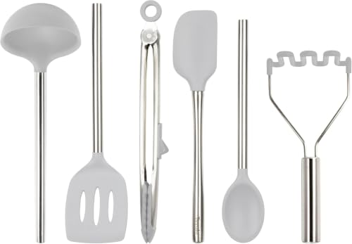 Silicone Cooking Utensil Set of 6 Stainless Steel Handle Ladle Slotted Turner Tongs Flex Core Spatula Scraper Mixing Spoon & Potato Masher (Oyster Gray)