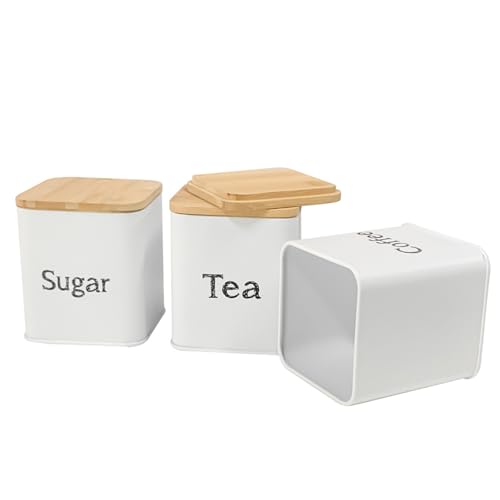 Bread Box with 3pcs Jars Coffee Sugar Tea for Kitchen Countertop White Metal Bread Box with Bamboo Board Cover Pastry Storage Container Set Kitchen decor (White Bread Box Set)