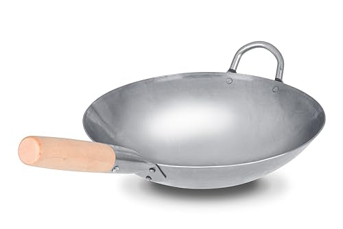 Traditional Hand Hammered Chinese Carbon Steel Wok with Wooden and Steel Helper Handle (12-in)