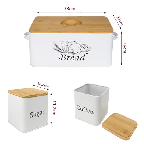 Bread Box with 3pcs Jars Coffee Sugar Tea for Kitchen Countertop White Metal Bread Box with Bamboo Board Cover Pastry Storage Container Set Kitchen decor (White Bread Box Set)