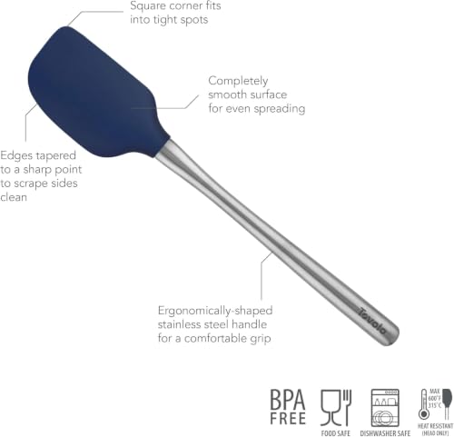 Silicone Cooking Utensil Set of 6 Stainless Steel Handle Ladle Slotted Turner Tongs Flex Core Spatula Scraper Mixing Spoon & Potato Masher (Deep Indigo)