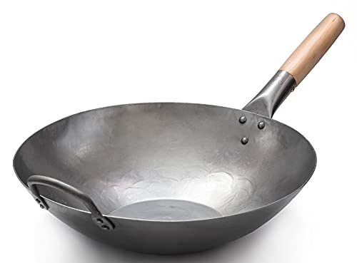 Flat Hand Hammered Carbon Steel Pow Wok with Wooden and Steel Helper Handle (14-inch)