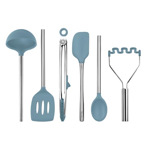 Silicone Cooking Utensil Set of 6 Blue Slate Ladle Slotted Turner Tongs Flex Core Spatula Scraper Mixing Spoon and Potato Masher (Blue Slate)