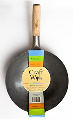 Traditional Hand Hammered Chinese Carbon Steel Wok with Wooden and Steel Helper Handle (12-in)