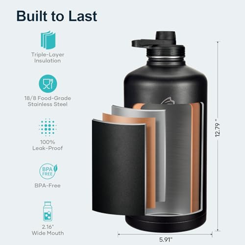 1 Gallon Water Bottle Insulated with Straw & 3 Lids (128 Ounces / Black)