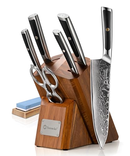 7 Piece Damascus Kitchen Knife Set with Block (7 Count)