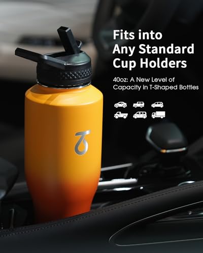40 oz Water Bottle Insulated Fit in Any Car Cup Holder with 2 Lids (40 Ounces / Orange)