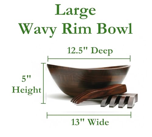 Cherry Finished Wavy Rim Serving Bowl with 2 Salad Hands (Large)
