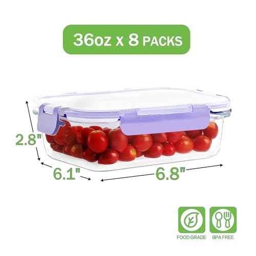 8 Pack 36oz Large Glass Meal Prep Containers with Leak Proof Snap (Purple / 8 Pack 36oz)