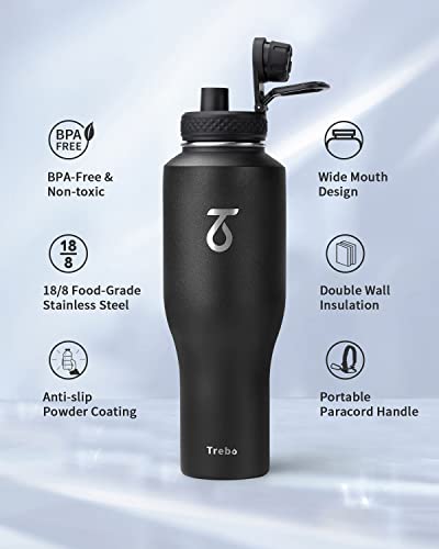 40 oz Water Bottle Insulated Fit in Any Car Cup Holder with 2 Lids (40 Ounces / Black)