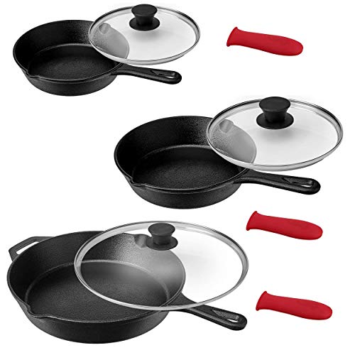 Pre Seasoned 9 Piece Cast Iron Skillet Set (6 Inch, 8 Inch, 10 Inch / 9 Piece Set)