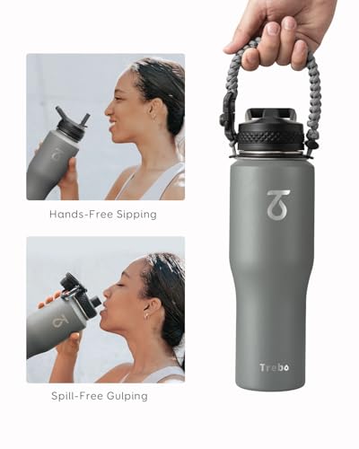 32 oz Water Bottle Insulated Fits in Any Car Cup Holder with 2 Lids (32 Ounces / Gray)