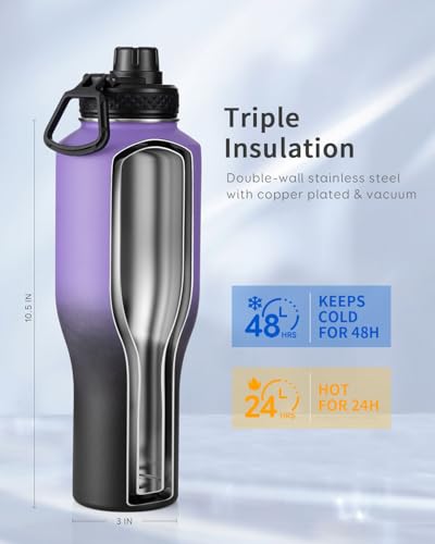 40 oz Water Bottle Insulated Fit in Any Car Cup Holder with 2 Lids (40 Ounces / Dark Purple)