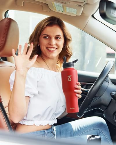 40 oz Water Bottle Insulated Fit in Any Car Cup Holder with 2 Lids (40 Ounces / Red)