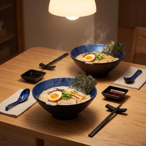 Unbreakable Melamine Ramen Bowl Set (2 piece set) (Blue-Black / Set-2)
