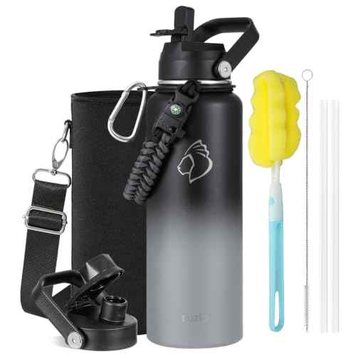 40 oz Insulated Water Bottle with Paracord Handle & Straw Spout Lids (40 Ounces / Shadow)
