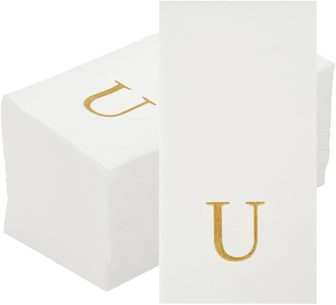 Luxenap 15.8 X 7.9 Inch Linen-Feel Guest Towels, 50 Lettered Hand Towels - Gold Letter 'U', Sans Serif Font, White Paper Dinner Napkins, airlaid, For Restrooms And Tables