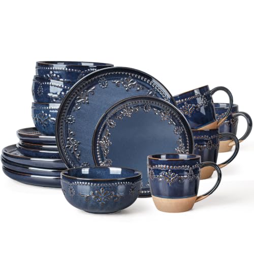 16 Piece Handcrafted Ceramic Dinnerware Set with Mugs (Damask Floral (16 Pieces) (Blue))
