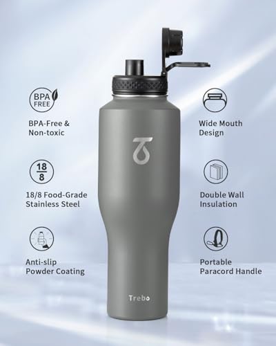 32 oz Water Bottle Insulated Fits in Any Car Cup Holder with 2 Lids (32 Ounces / Gray)