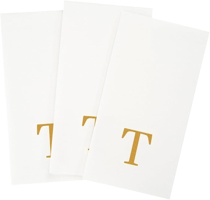 Luxenap 15.8 X 7.9 Inch Linen-Feel Guest Towels, 50 Lettered Hand Towels - Gold Letter 'T', Sans Serif Font, White Paper Dinner Napkins, airlaid, For Restrooms And Tables