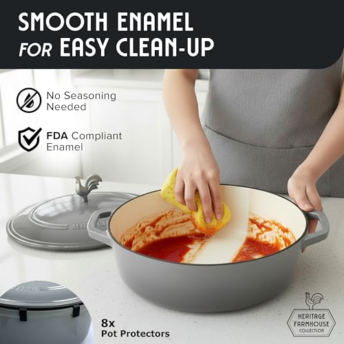 5.5 Quart Enameled Cast Iron Oval Dutch Oven with Rooster Knob & Cotton Potholders