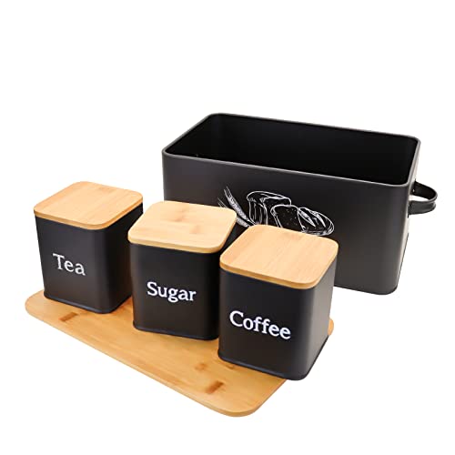 Bread Box with 3pcs Jars Coffee Sugar Tea for Kitchen Countertop White Metal Bread Box with Bamboo Board Cover Pastry Storage Container Set Kitchen decor (Bread Box-1)