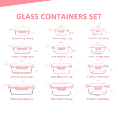 24 Pieces Glass Food Storage Containers Set (Pink / 12 Pack)