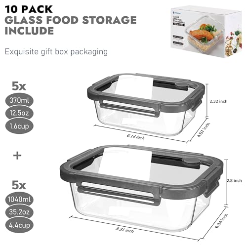 10 Pack Glass Food Storage Containers with Tempered Glass Lids (Tempered Lids Gray / 4.4Cup*5 & 1.6 Cup*5)