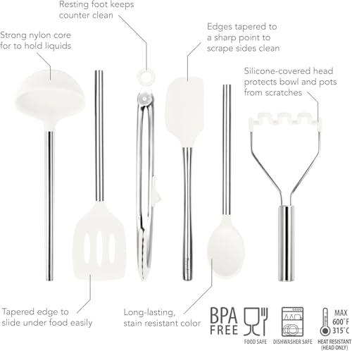 Silicone Cooking Utensil Set of 6 Stainless Steel Handle Ladle Slotted Turner Tongs Flex Core Spatula Scraper Mixing Spoon & Potato Masher (White)