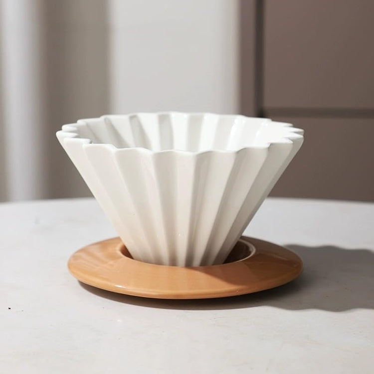 Ceramic Coffee Dripper Pour Over Coffee Maker with Wood Stand Elegant Flower Shape V60 Filter (blue)