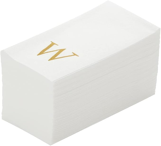 Luxenap 15.8 X 7.9 Inch Linen-Feel Guest Towels, 50 Lettered Hand Towels - Gold Letter 'W', Sans Serif Font, White Paper Dinner Napkins, airlaid, For Restrooms And Tables