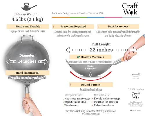 Traditional Hand Hammered Chinese Carbon Steel Wok with Wooden and Steel Helper Handle (14-in)