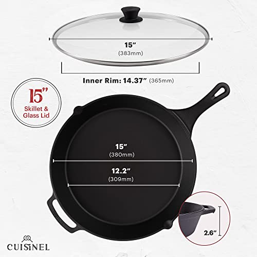 15" Cast Iron Skillet + Glass Lid Cover + Pan Scraper + Heat (15")