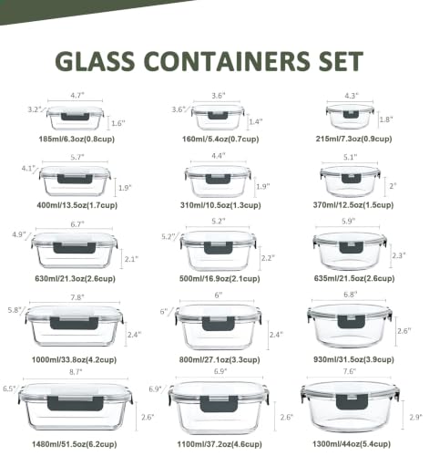 30 Pieces Glass Food Storage Containers Set with Lids (Gray / 15 Pack)