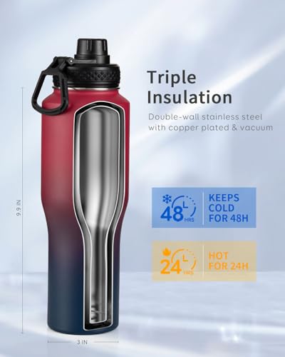 40 oz Water Bottle Insulated Fit in Any Car Cup Holder with 2 Lids (40 Ounces / Ruby Red)