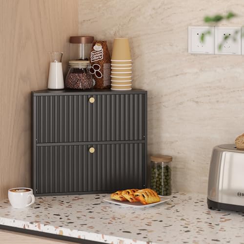 Corner Bread Box for Kitchen Countertop Bamboo Two Layer Large Capacity Bread Storage Bin Vintage Storage for Homemade Bread (Black)