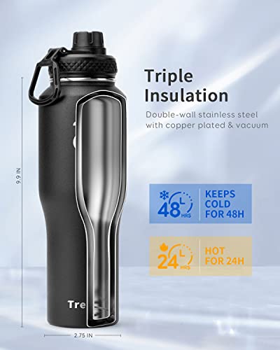32 oz Water Bottle Insulated Fits in Any Car Cup Holder with 2 Lids (32 Ounces / Black)