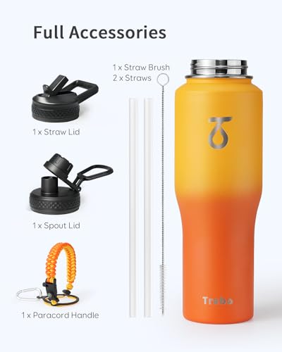 32 oz Water Bottle Insulated Fits in Any Car Cup Holder with 2 Lids (32 Ounces / Orange)