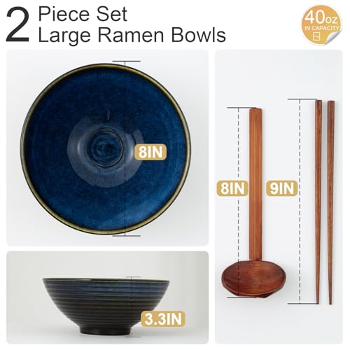 8 Inch Ceramic Ramen Bowl Set of 2 (Blue Topaz)